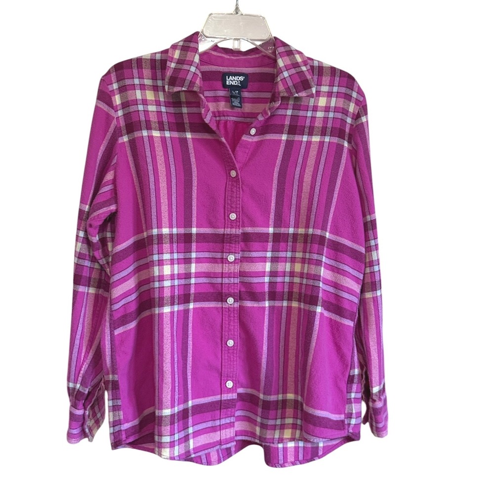 Lands End Womens Pink Plaid Flannel Button Down Shirt Petite Large 14-16 Cotton